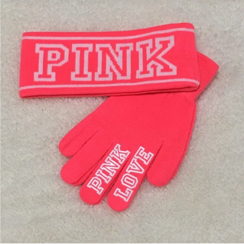 PINK Victoria's Secret Kids Neon Pink Mittens with PINK LOVE